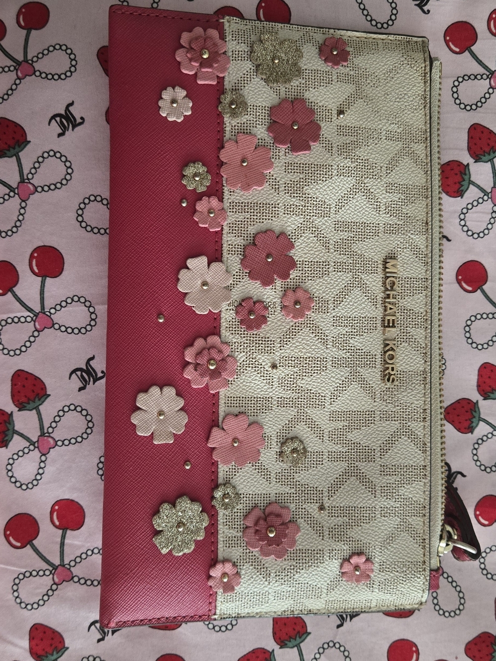 Michael Kors Pink and Cream Flower Appliqué Wristlet Clutch Extra Large